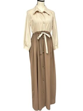Vintage 70s Beige Brown Colorblock Button Front Maxi Dress Tie Waist